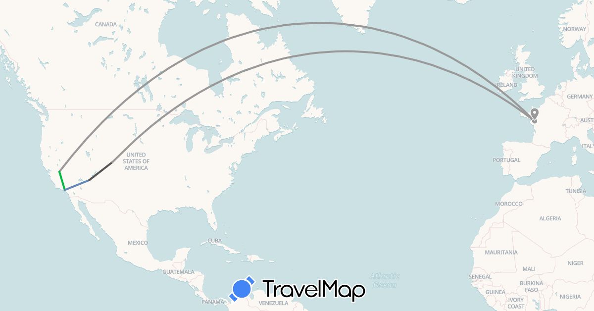 TravelMap itinerary: driving, bus, plane, cycling, motorbike in France, United States (Europe, North America)